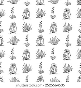 Wild west plants. Cactus black outline seamless pattern. Western floral illustration.