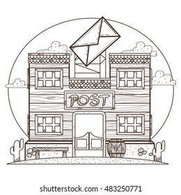 Wild West. Post office outline drawing for coloring.