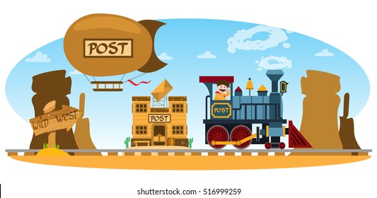 Wild West. Post office, vintage train, mountain, balloon. Game background.