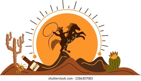 Wildes Westposter mit einem Cowboy auf einem Pferd in Wüste, Kaktus, Sonne, Spinne. Weiter Alter Westen im flachen Stil. Vektorgrafik