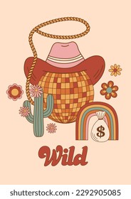 Wild-West-Poster mit Groovy-Disco-Ball, Kaktus, Regenbogen