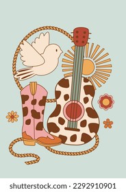 wild west poster with guitar, bird, boot, sun