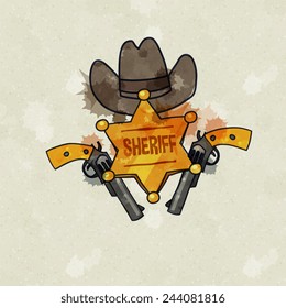 wild west poster, hat, guns and sheriff gold star, watercolor colorful, cartoon, grunge style vector art illustration.