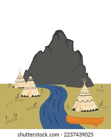 Wild West poster. Mountain landscape. Wigwam, tent, home of Native Americans. A river and a kayak boat with a paddle. Vector illustration of a canoe.