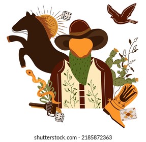 Wild west poster with a sheriff character in cowboy hat, snake, wild horse, flying eagle, cowboy boot. Further Old West in flat style. Vector illustration.