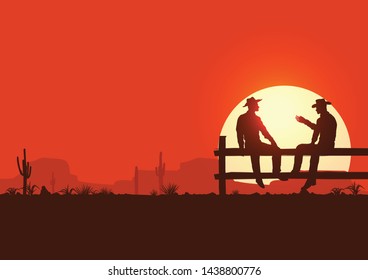 Wild West Poster, Silhouette Of Cowboys Sitting On Fence, Vector Illustration