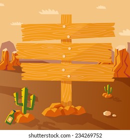 Wild west poster with western landscape and wooden sign vector illustration