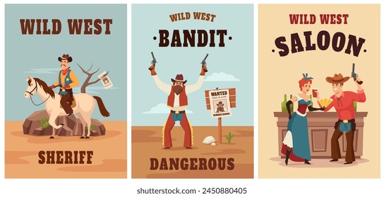 Wild west posters. Sheriff adventure, dangerous wanted bandit and saloon scene vector illustration set of cowboy sheriff adventure, wild vintage american, country