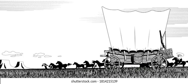 Wild West Prairie Landscape With Covered Wagon And Flock Of Horses. Linear Black And White Drawing For Coloring Book. Vector Illustration