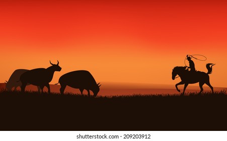 Wild west prairie landscape - cowboy chasing the herd of bulls - vector silhouette scene