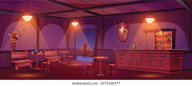 Wild west pub interior with furniture and decor. Vector cartoon illustration of cowboy saloon at night, old wooden tables, stools and bar counter, alcohol bottles and glasses on shelves, evening light