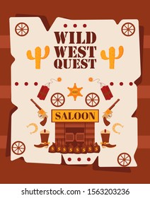 Wild West quest poster, vector illustration. Cartoon style symbols of American western cowboy adventures. Wild west style game invitation, fun event announcement. Western icons in simple flat design