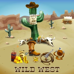 Wild West Realistic Background With Cactus Gold Lasso And Desert Vector Illustration 