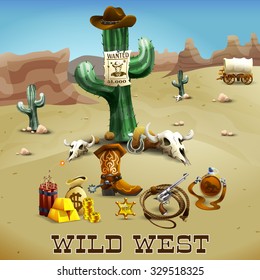 Wild west realistic background with cactus gold lasso and desert vector illustration 