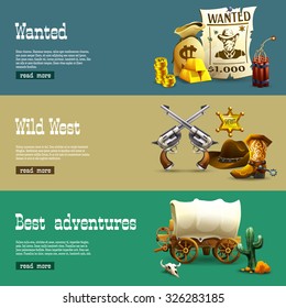 Wild west realistic horizontal banners set with best adventures symbols isolated vector illustration 