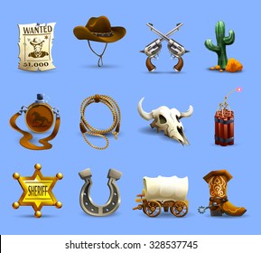 Wild west realistic icons set with cowboy hat dynamite and cactus on blue background isolated vector illustration 