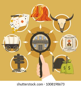 Wild west research flat composition on sand background with magnifier in hand, cowboy culture elements vector illustration