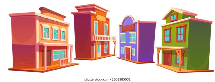 Wild west retro building street in old town cartoon vector set. Western saloon and bank house on white background. Isolated texas rural wood hotel with window clipart illustration game scenery.