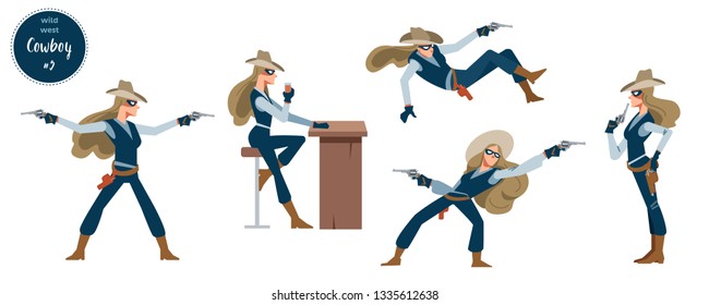 Wild West Robber Cowboy Woman In Western Cowgirl Design Concept With Flat Human Character Of Various Persons In Different Situations With Cartoon Pictograms Vector Illustration