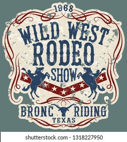 Wild west rodeo horse show  vintage vector artwork for boy wear, grunge effect in separate layers