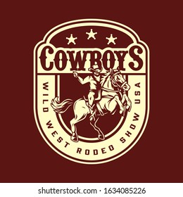 Wild west rodeo show vintage badge with cowboy riding horse in monochrome style isolated vector illustration