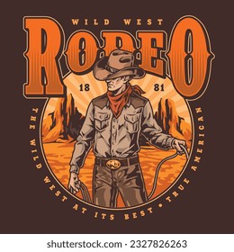 Volante salvaje de rodeo vintage del oeste colorido con un vaquero hombre vestido de sombrero y ropa de caza con lazo en ilustración vectorial de mano