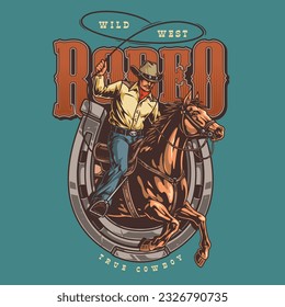 Pegatina de rodeo salvaje del oeste colorida con jinete macho en sombrero de vaquero montando caballo con cuerda en ilustración vector de mano