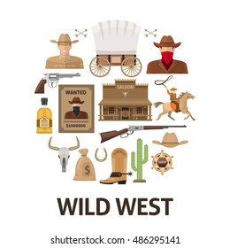 Wild west round composition with wooden building and weapon cowboy sheriff and bandit isolated vector illustration