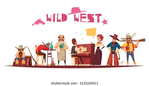 Wild west saloon background composition with cartoon style human characters thought bubbles and decorative text vector illustration