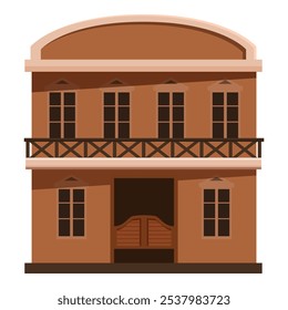 Wild west saloon building facade with balcony and swinging doors, flat style