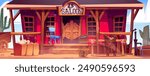 Wild west saloon building with old door vector background. Western cowboy bar with sign board in Texas. Country pub exterior and decorative landscape. Tumbleweed, chair and wine bottle on street