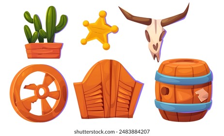 Wild west saloon decorative elements. Cartoon vector set of cowboy tavern creation objects - wooden double doors and barn with drinks, broken wood wheel and cactus in pot, sheriff star and cow skull.