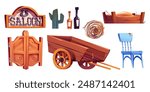 Wild west saloon elements collection. Cartoon vector set of western bar objects - wooden double doors and sign, wood horse cart and feeder with hay, tumbleweed and cactus, bottles and chair.