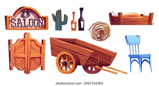 Wild west saloon elements collection. Cartoon vector set of western bar objects - wooden double doors and sign, wood horse cart and feeder with hay, tumbleweed and cactus, bottles and chair.