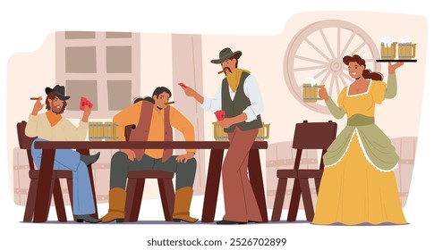 Wild West Saloon Featuring People Playing Poker And Enjoying Drinks. Cowboy Hats And Period Costumes Create An Authentic Atmosphere. Vector Image Evokes Nostalgia And Adventure In A Historical Setting