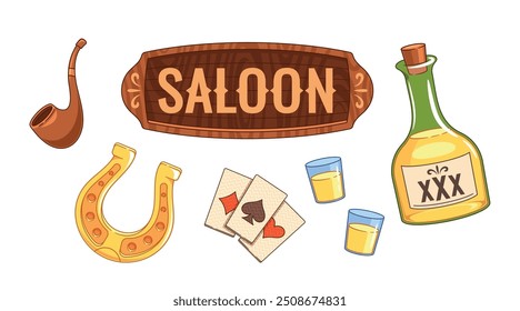 Wild West Saloon Artículos Como Letrero De Salón De Madera, Tubo De Fumar, Herradura, Jugar A Las Cartas, Botella De Whisky Con Vasos