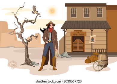 Wild West scene concept. Sheriff woman stands with rope in her hand on background of saloon in desert. Traditional American western people activities. Vector illustration of characters in flat design