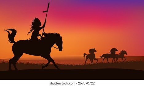 wild west scene with horses and native american rider - vector landscape with silhouettes