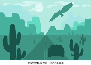 Wild West Scene. Landscape with sand desert and dry mountains, road with car. Panorama with cactus. Trip on automobile. Flying wild bird under sun. Vector
