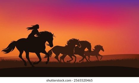 wild west scene with north american indian woman chasing herd of running mustang horses - vector dramatic sunset landscape