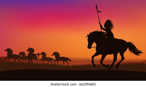 wild west scene with north american indian chasing herd of mustang horses - vector sunset landscape