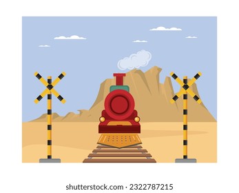 Wild west scene of old classic red steam train to city with desert mountain landscape, carrying passengers and transporting goods. Vector flat illustration