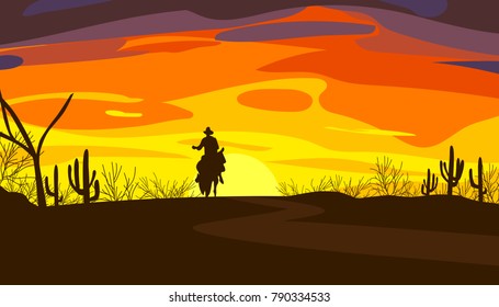 Wild west scene, silhouette background of sunset, illustration and design.