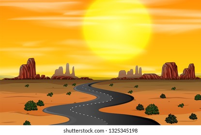 A wild west scene sunset illustration