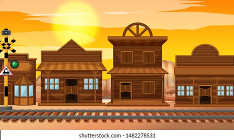 Wild west scene at sunset illustration