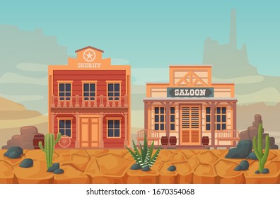 Wild west scenery with vector building of sheriff and cowboy saloon. Western town at desert. Mexico canyon panorama with barrel and cactus. Texas and arizona cartoon banner. Summer landscape