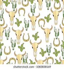 Wild west seamless background. Cactus, peyote, buffalo skull. Pattern.
