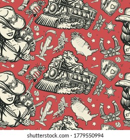 Wild West seamless pattern. Cowboy girl, train, sheriff star, guns and golden horseshoe. American western movie background. Old school tattoo style 