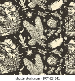 Wild West seamless pattern. Cowboy girl, digger, eagle, train and USA map. American history background. Old school tattoo style. Western background 