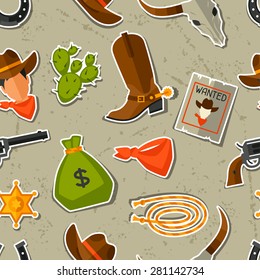 Wild west seamless pattern with cowboy objects and stickers.